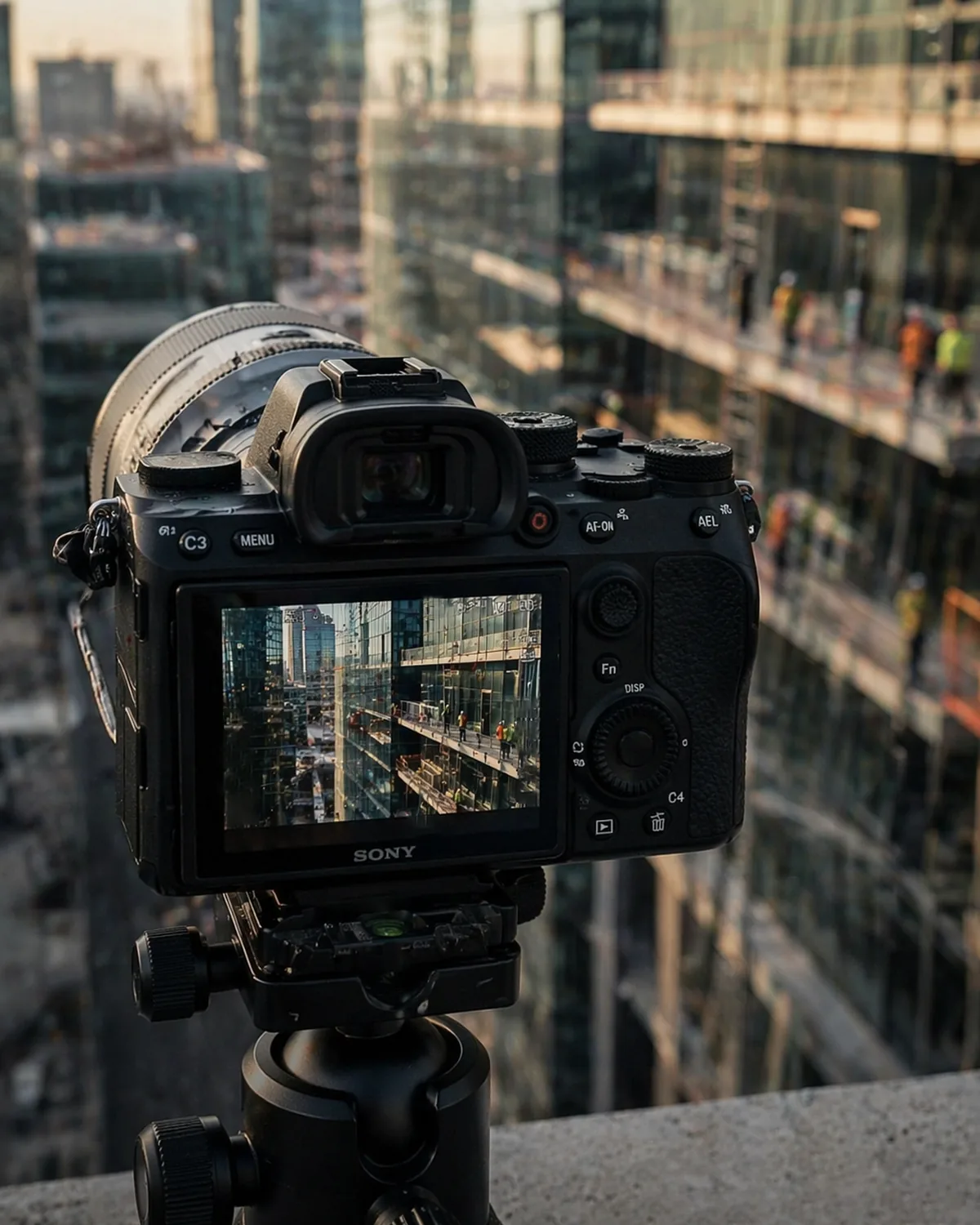 Appareil photo sur trépied face à un chantier urbain